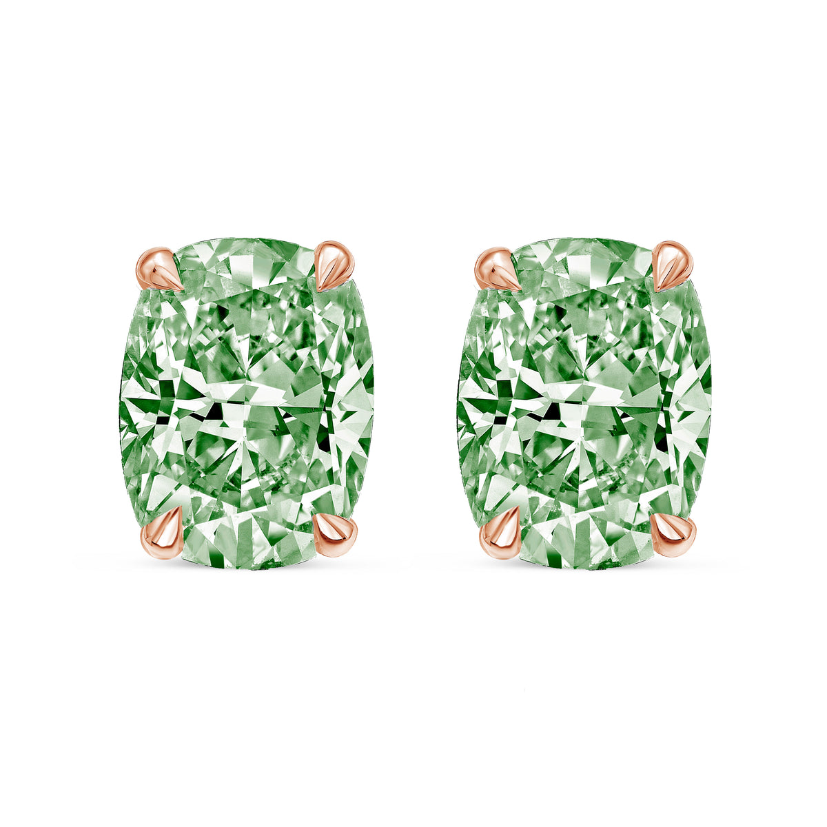 Lab-Grown Green Cushion Cut Diamond Stud Earrings, 4-Prong, 14K Gold
