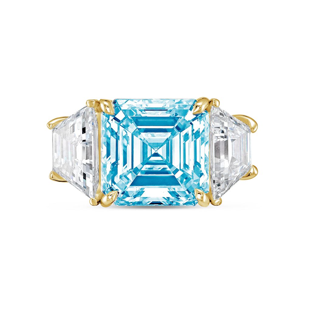 Lab-Grown Blue Asscher Diamond Ring with Trapezoids, 14K Gold