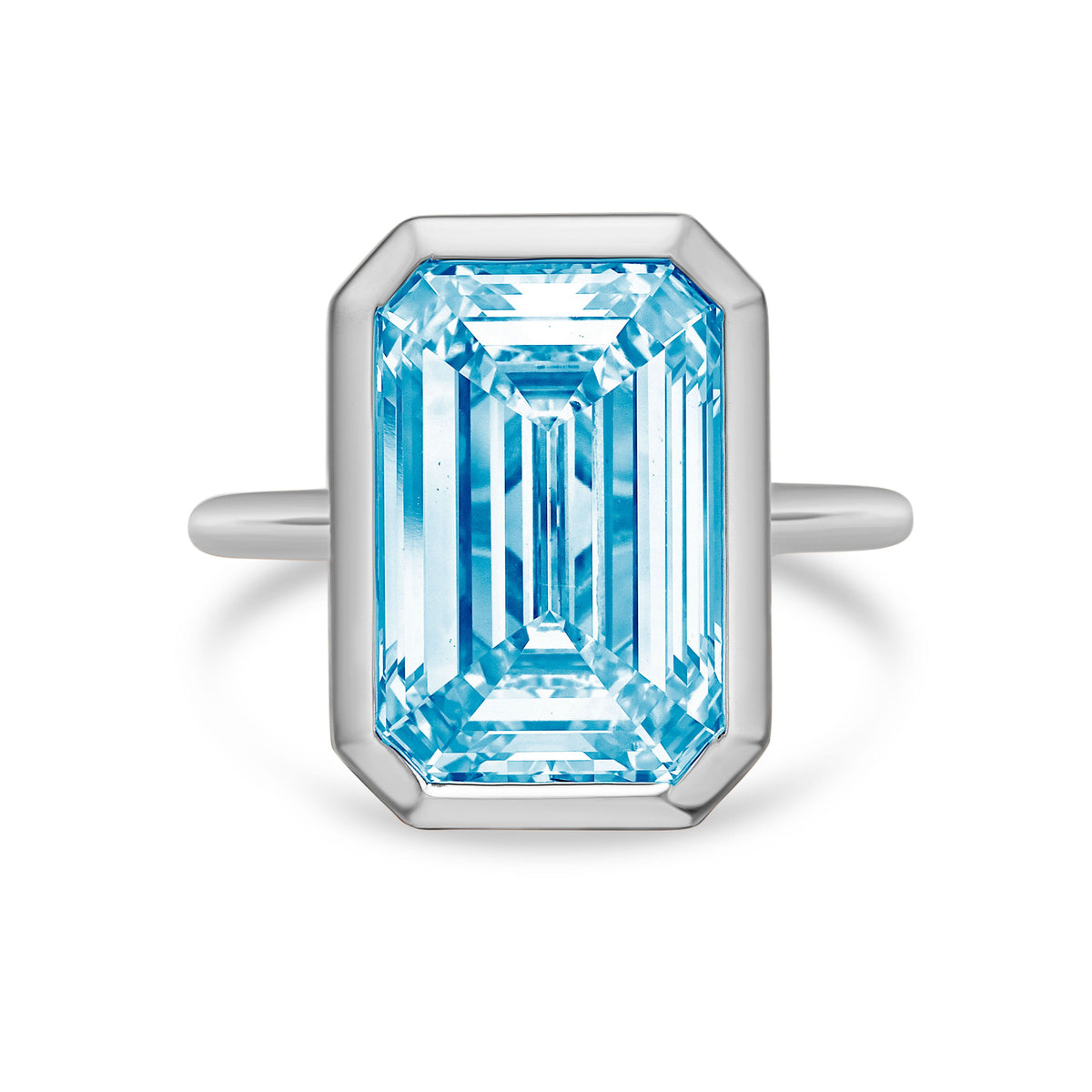 Lab-Grown Blue Emerald Cut Diamond Bezel Solitaire Ring, 14k Gold
