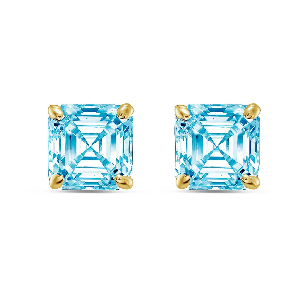 Lab-Grown Blue Asscher Diamond Stud Earrings, 4-Prong, 14K Gold