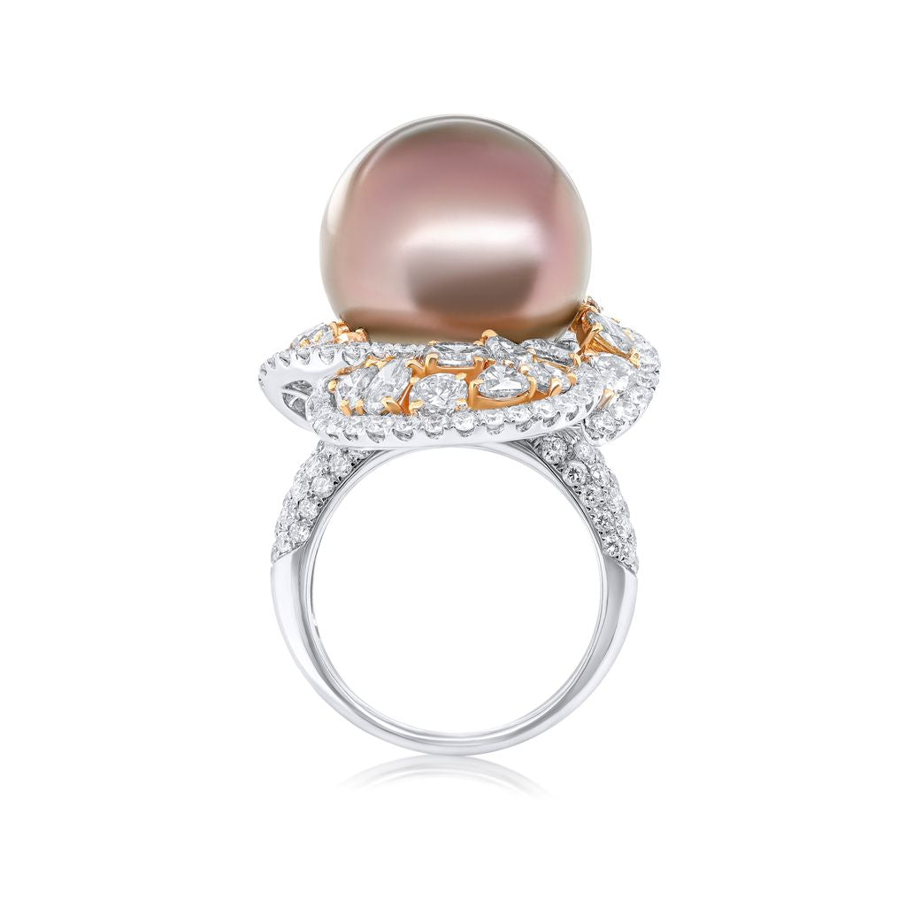 Pearl and Pink Diamond Flower Ring