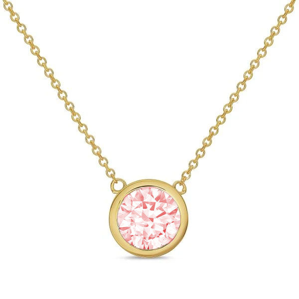 Lab-Grown Pink Round Diamond Bezel Pendant, 14K Gold