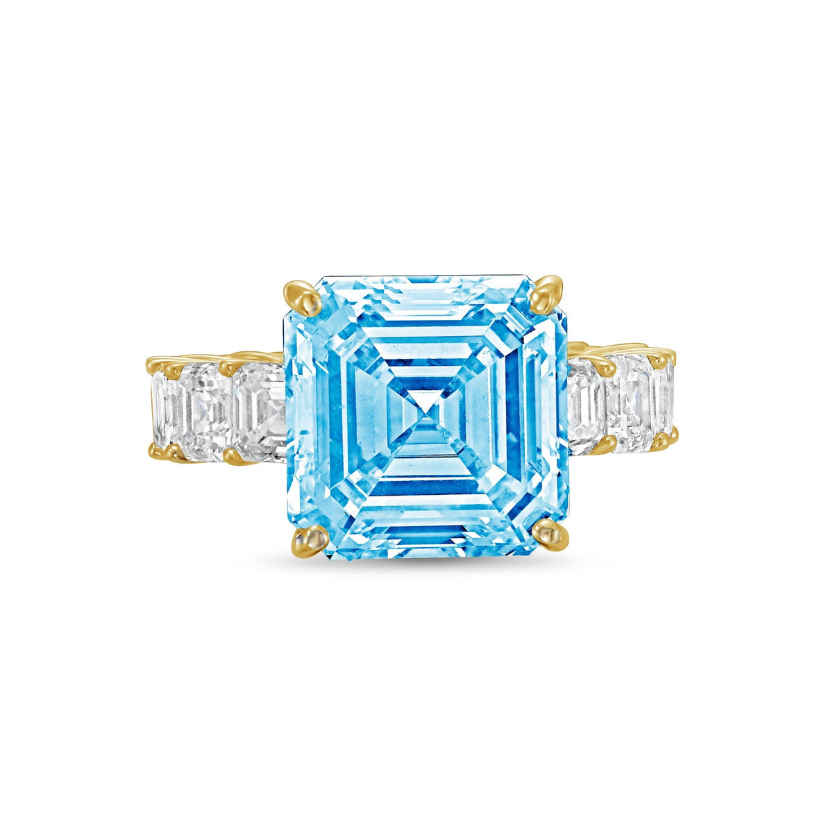 Lab-Grown Blue Asscher Diamond Ring with Asscher Eternity Band in 14K Yellow Gold