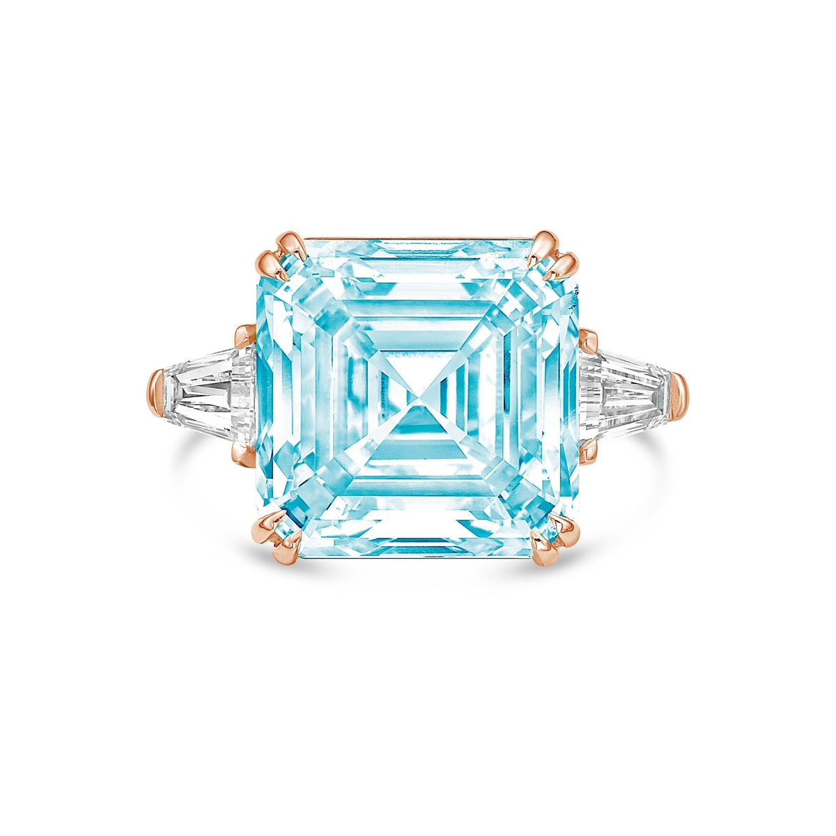 Lab-Grown Blue Asscher Diamond Ring with Baguettes in 14K Rose Gold