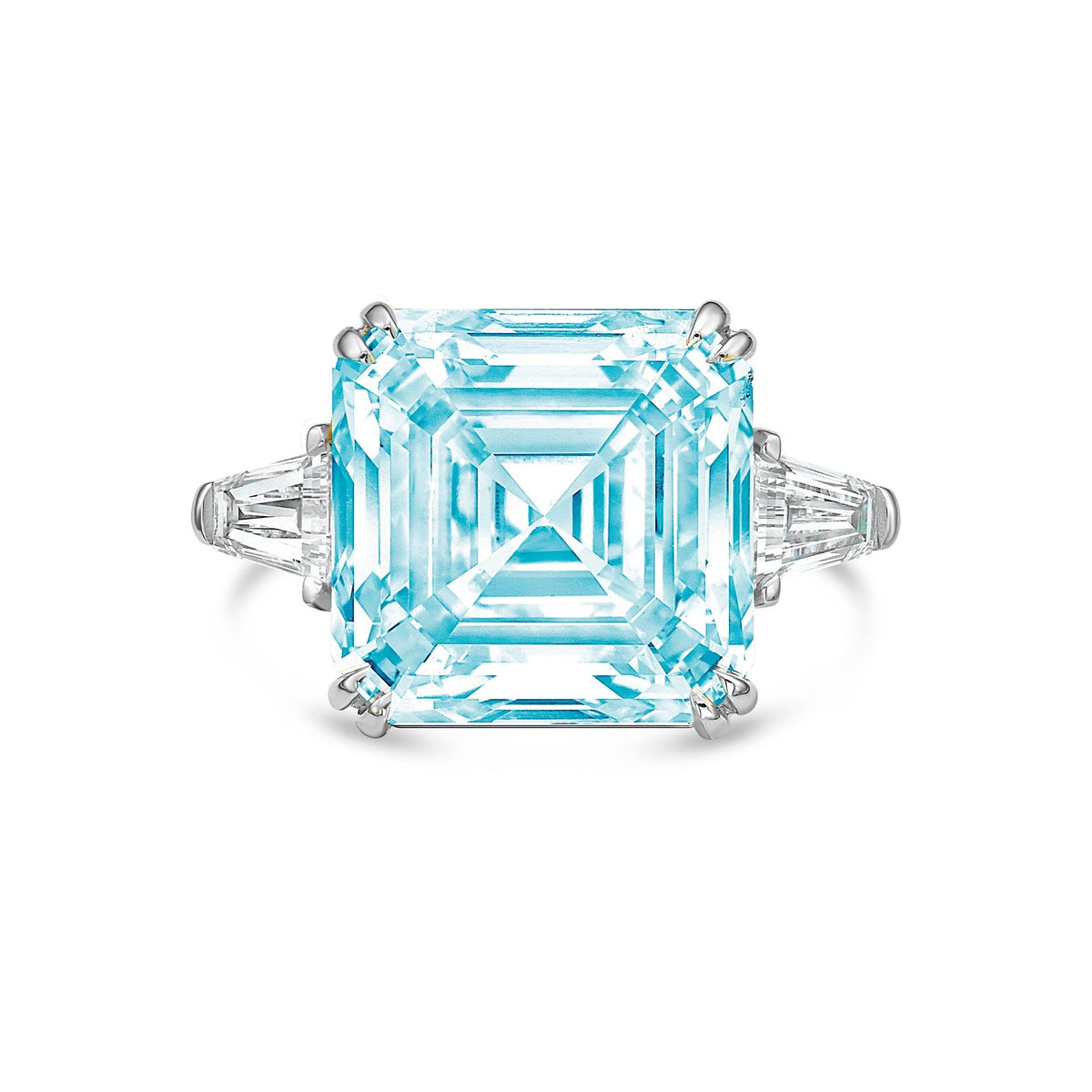 Lab-Grown Blue Asscher Diamond Ring with Baguettes in 14K White Gold