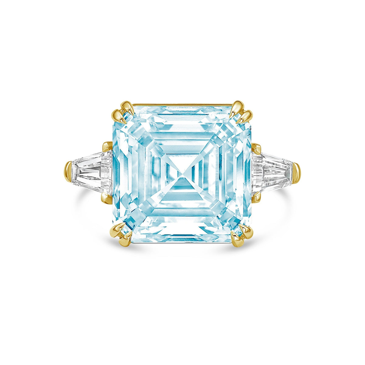 Lab-Grown Blue Asscher Diamond Ring with Baguettes in 14K Yellow Gold