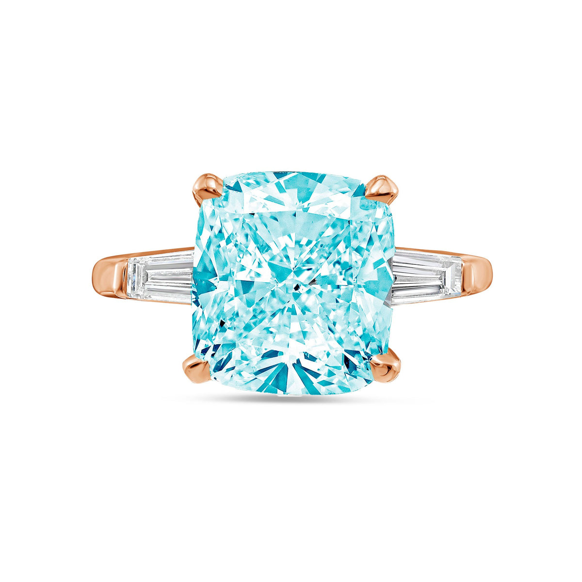 Lab-Grown Blue Cushion Diamond Ring with Baguettes in 14K Rose Gold