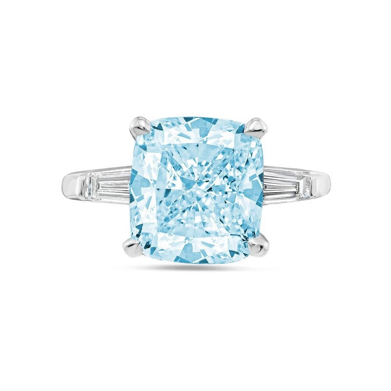 Lab-Grown Blue Cushion Diamond Ring with Baguettes in 14K White Gold