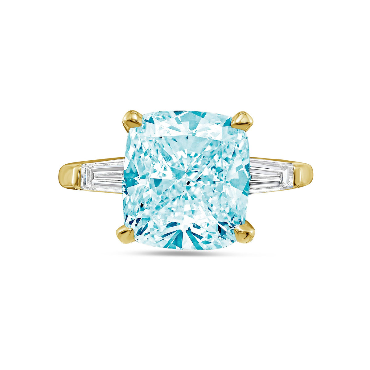 Lab-Grown Blue Cushion Diamond Ring with Baguettes in 14K Yellow Gold