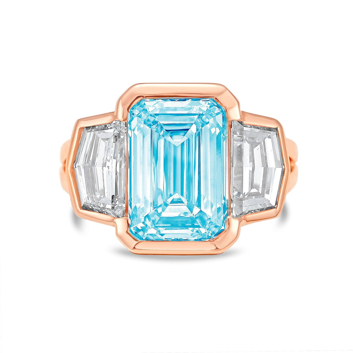 Lab-Grown Blue Emerald Cut Bezel Ring with Cadillac Sides and Split Shank in 14K Rose Gold