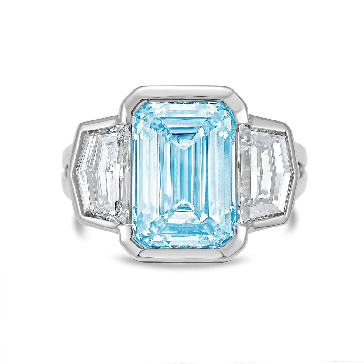 Lab-Grown Blue Emerald Cut Bezel Ring with Cadillac Sides and Split Shank in 14K White Gold