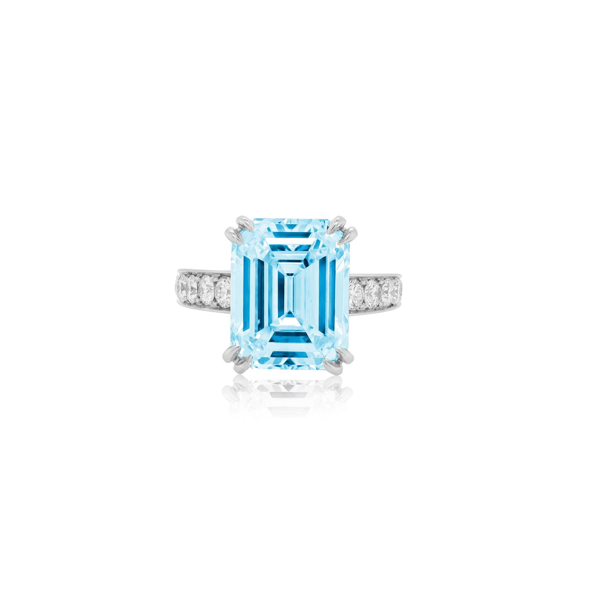 Lab-Grown Blue Emerald Cut Diamond Engagement Ring with Diamond Accented Band in 14K White Gold