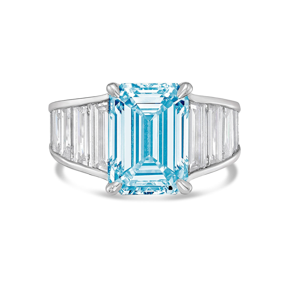 Lab-Grown Blue Emerald Cut Diamond Ring with Baguette Side Stones in 14K White Gold