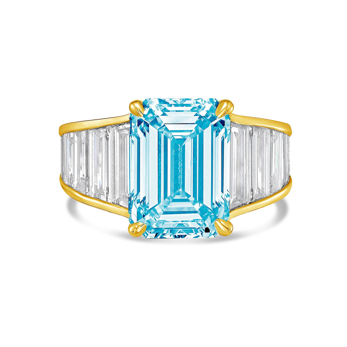 Lab-Grown Blue Emerald Cut Diamond Ring with Baguette Side Stones in 14K Yellow Gold