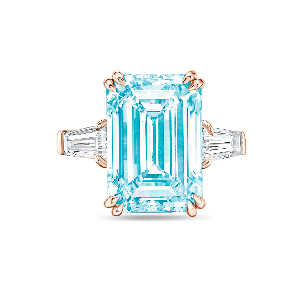 Lab-Grown Blue Emerald Cut Diamond Ring with Baguettes, Double Claw in 14K Rose Gold