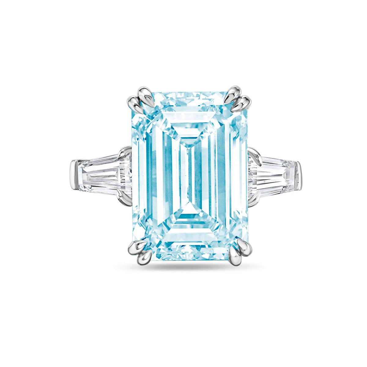 Lab-Grown Blue Emerald Cut Diamond Ring with Baguettes, Double Claw in 14K White Gold