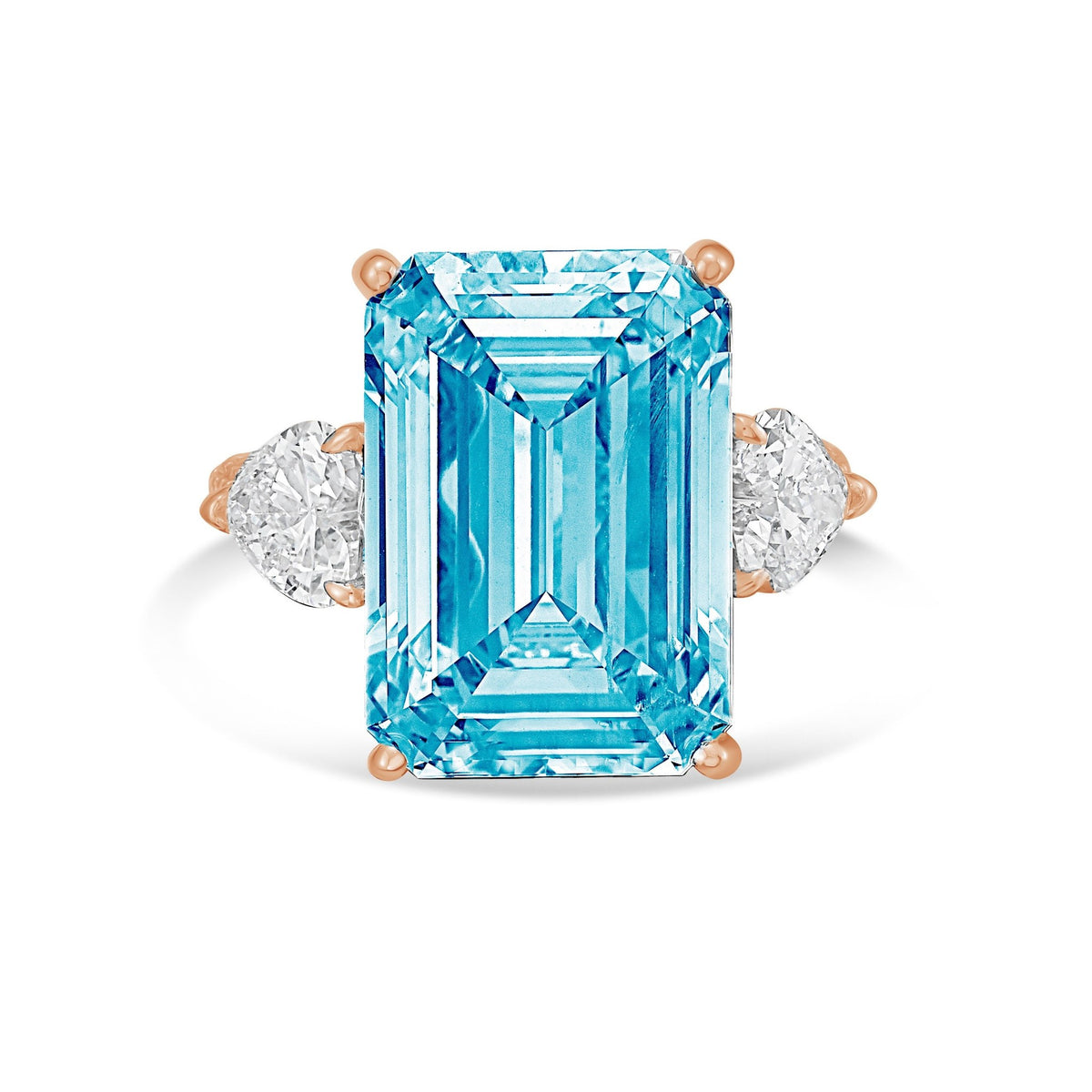 Lab-Grown Blue Emerald Cut Diamond Ring with Heart Sides and Pavé Band in 14K Rose Gold