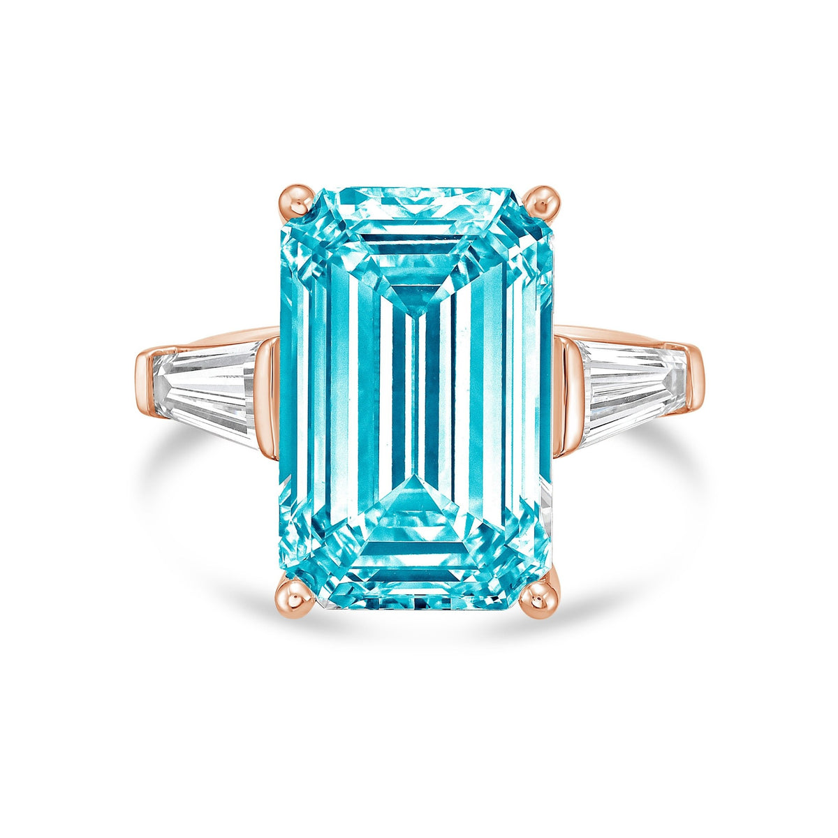 Lab-Grown Blue Emerald Cut Diamond Ring with Long Baguettes in 14K Rose Gold