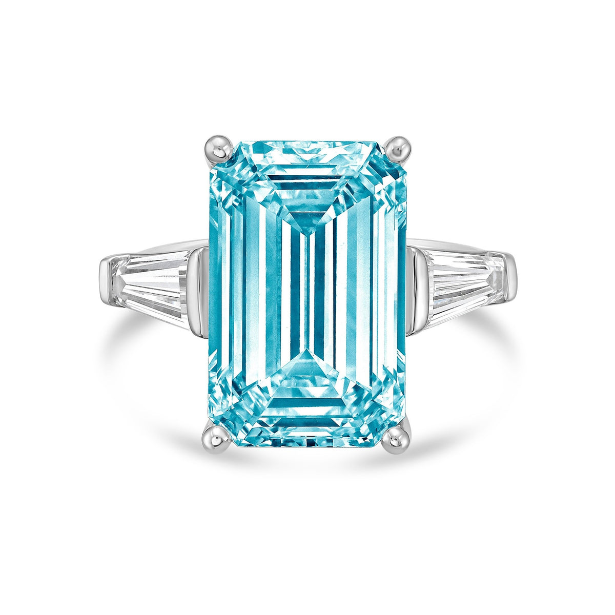 Lab-Grown Blue Emerald Cut Diamond Ring with Long Baguettes in 14K White Gold