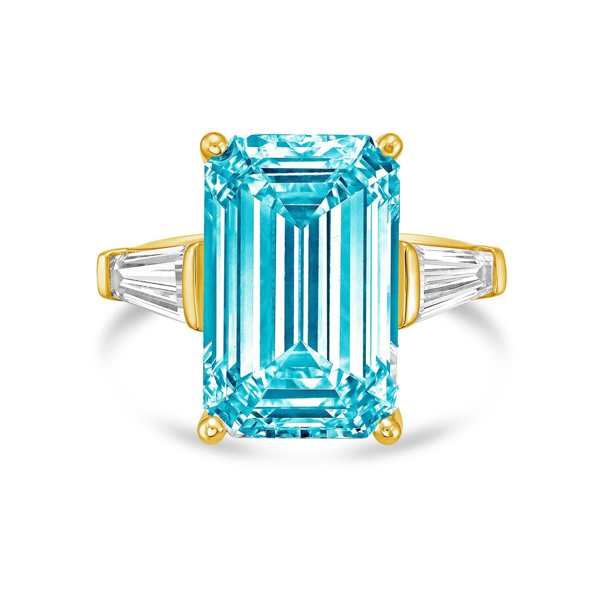 Lab-Grown Blue Emerald Cut Diamond Ring with Long Baguettes in 14K Yellow Gold