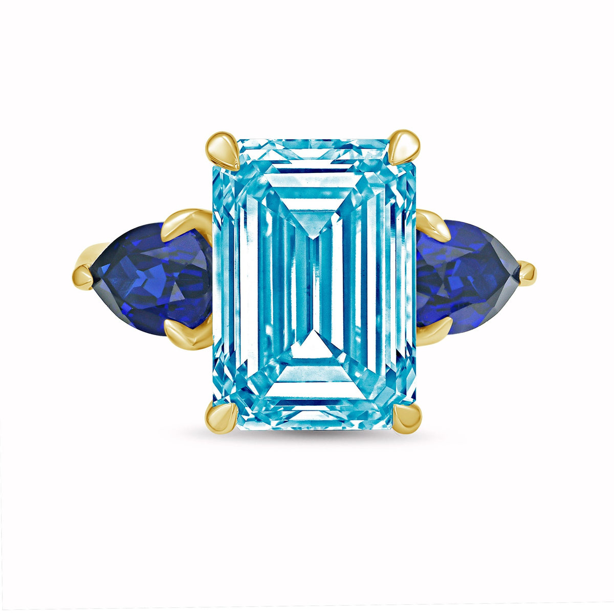 Lab-Grown Blue Emerald Cut Diamond Ring with Pear Sapphire Sides in 14K Yellow Gold