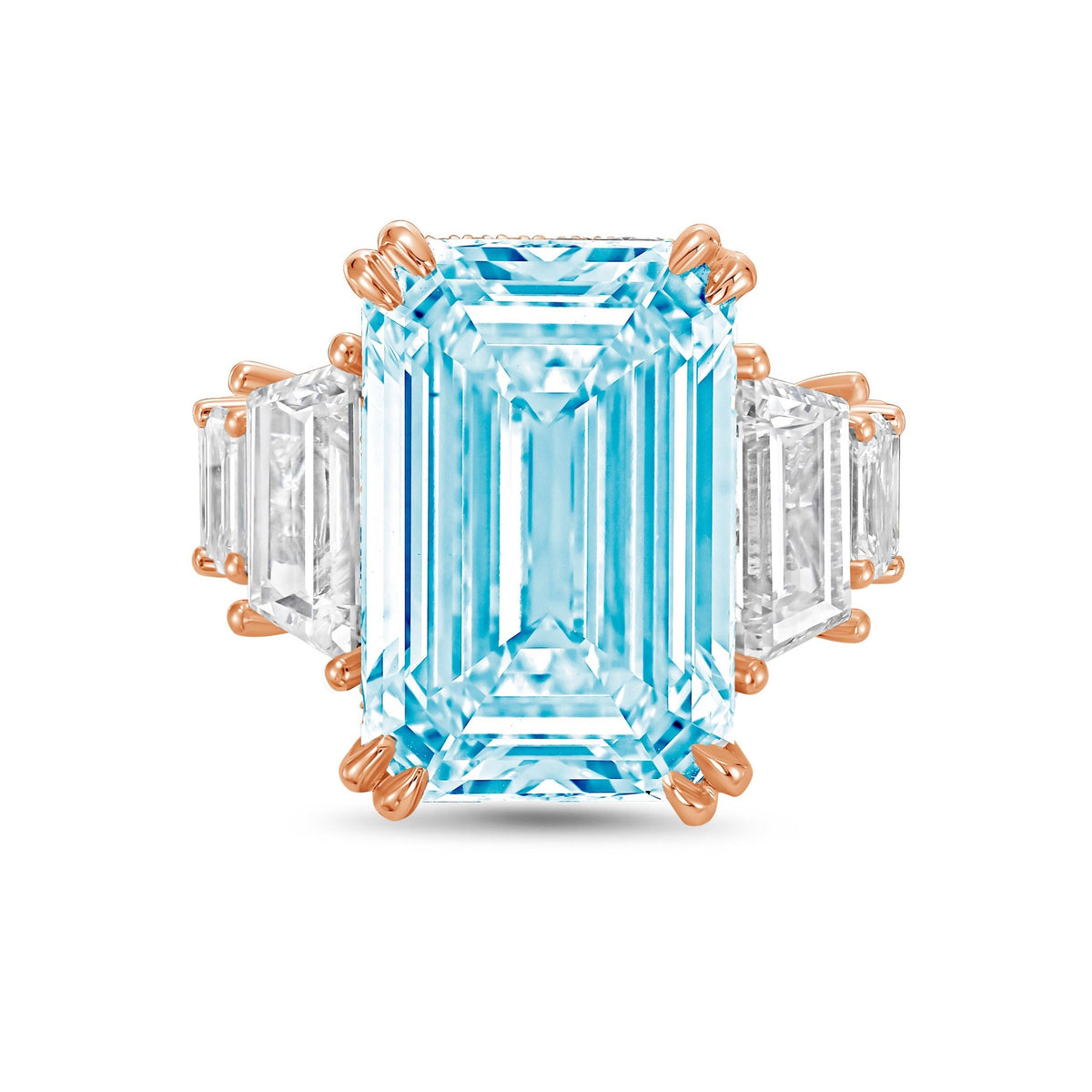 Lab-Grown Blue Emerald Cut Hidden Halo Ring with Trapezoid and Emerald Sides in 14K Rose Gold