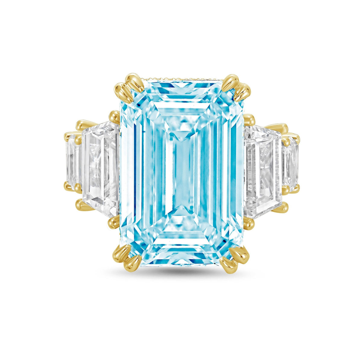 Lab-Grown Blue Emerald Cut Hidden Halo Ring with Trapezoid and Emerald Sides in 14K Yellow Gold