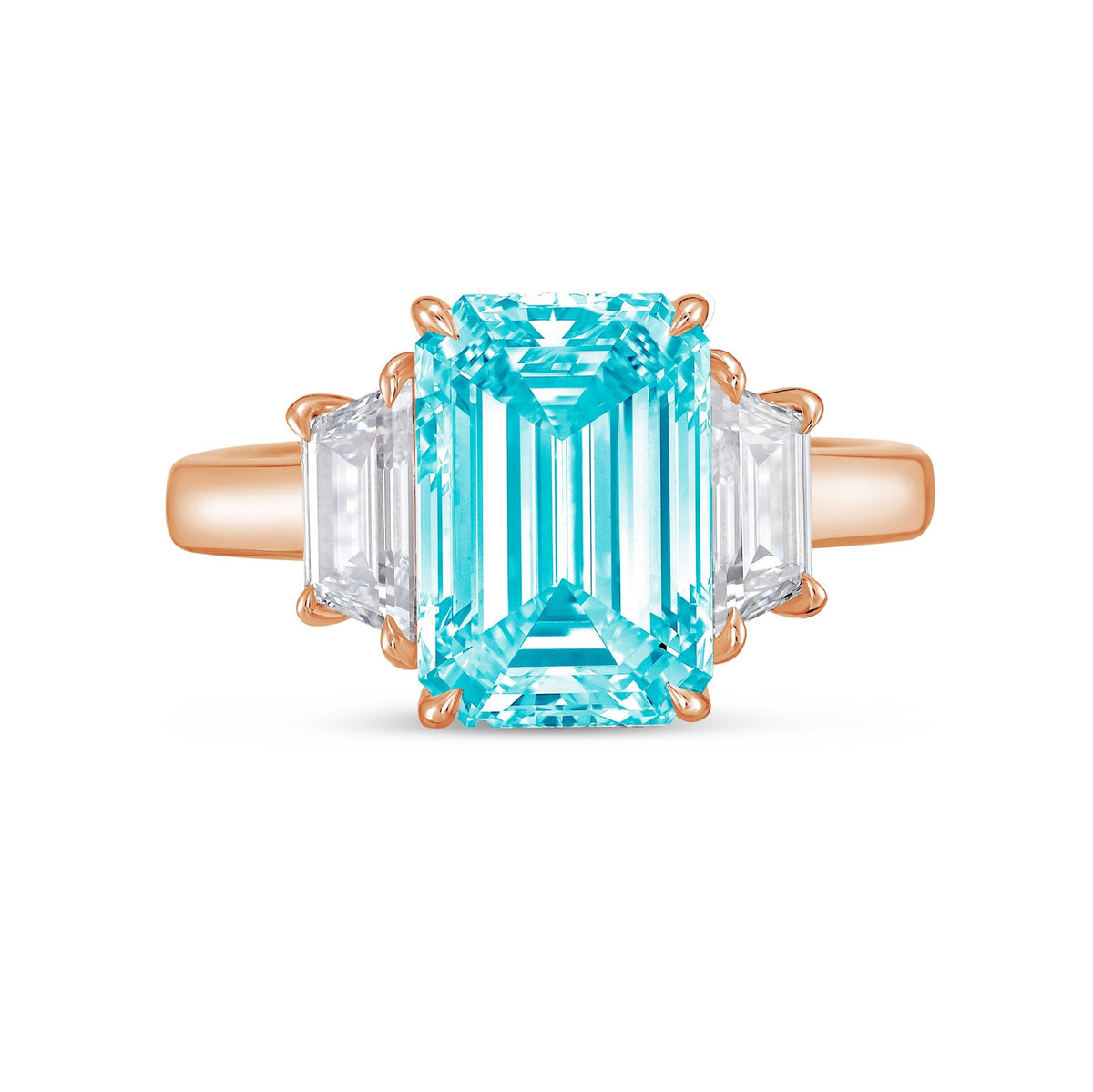 Lab-Grown Blue Emerald Cut Three-Stone Ring with Trapezoids in 14K Rose Gold