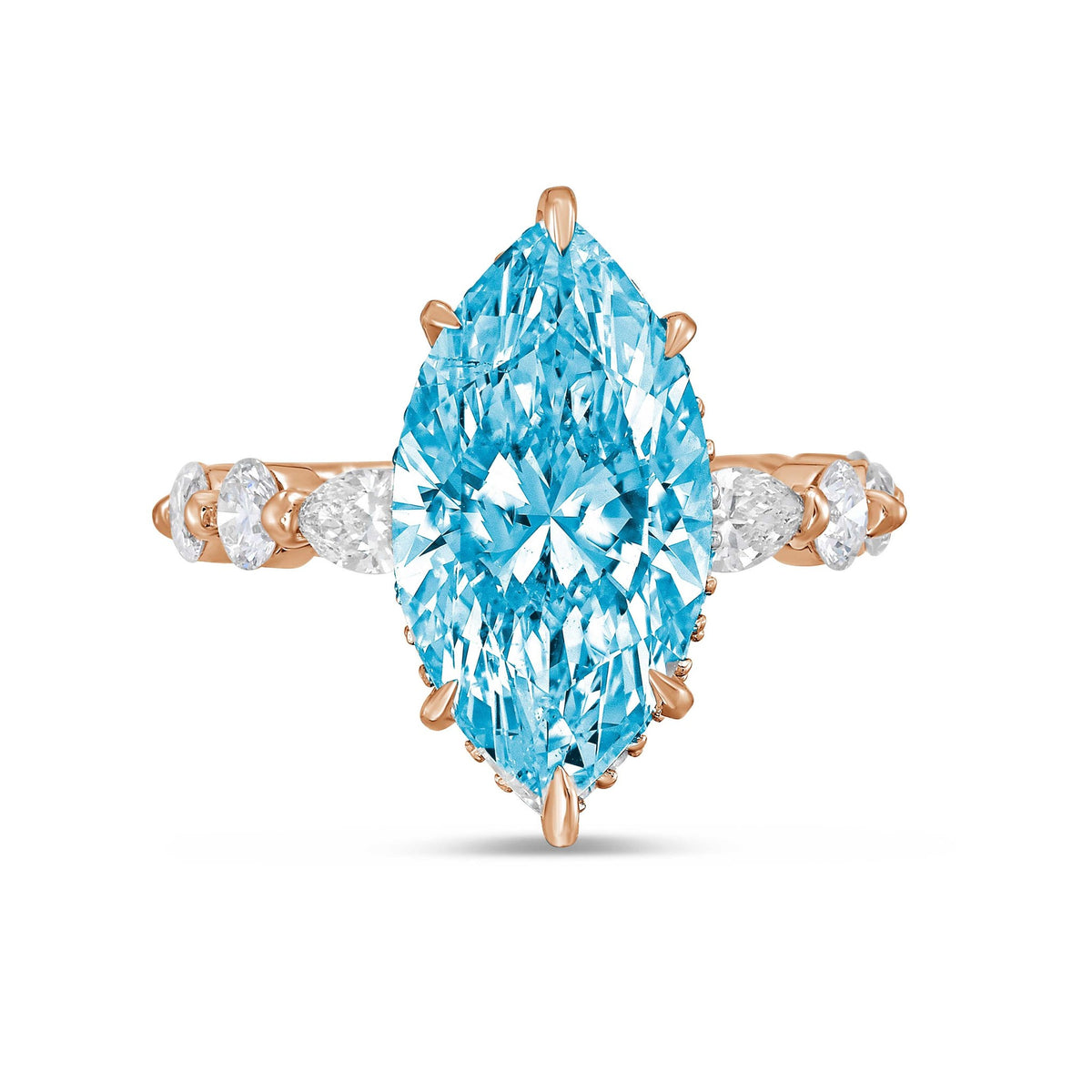 Lab-Grown Blue Marquise Diamond Engagement Ring with Diamond Sides in 14K Rose Gold