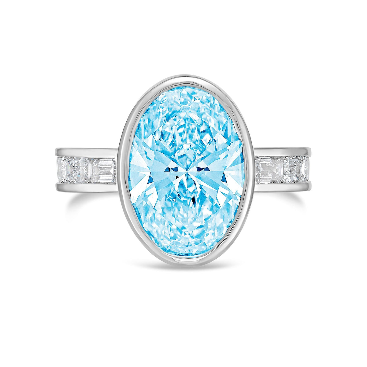 Lab-Grown Blue Oval Bezel Diamond Ring with Channel-Set Emerald Band in 14K White Gold