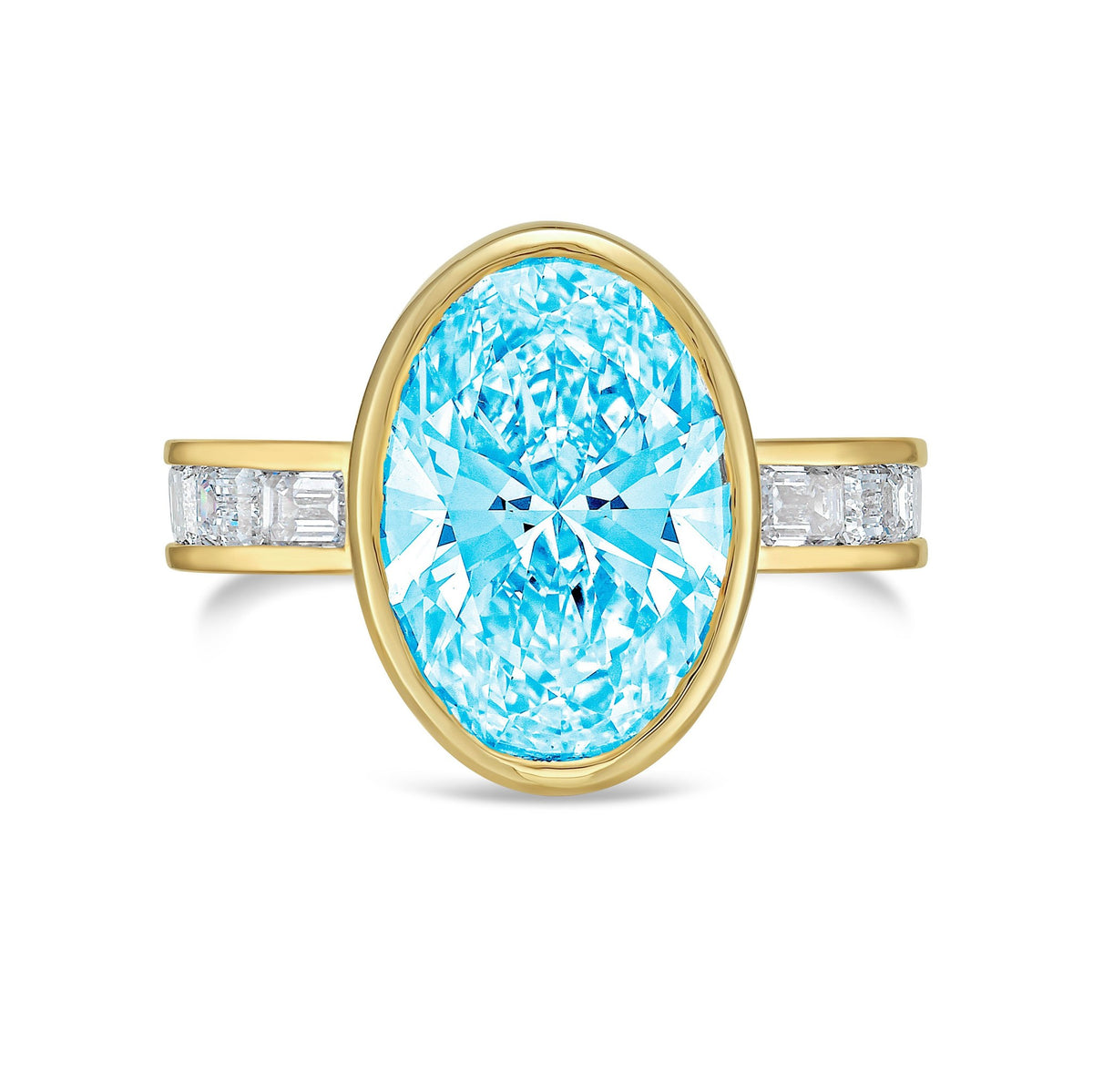 Lab-Grown Blue Oval Bezel Diamond Ring with Channel-Set Emerald Band in 14K Yellow Gold