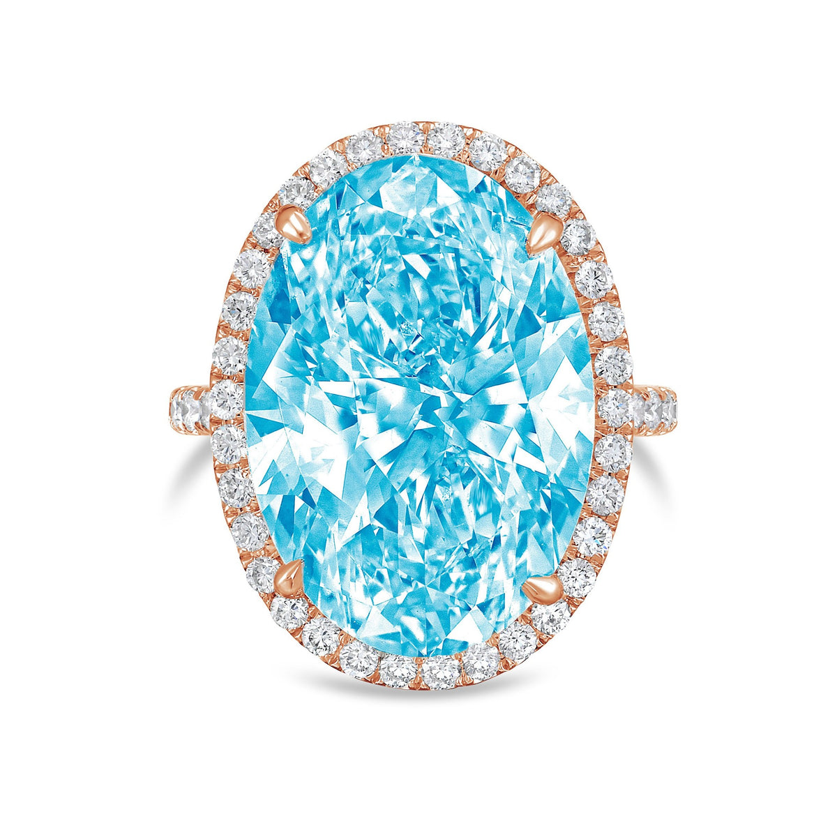 Lab-Grown Blue Oval Diamond Halo Ring with Micropavé Band in 14K Rose Gold