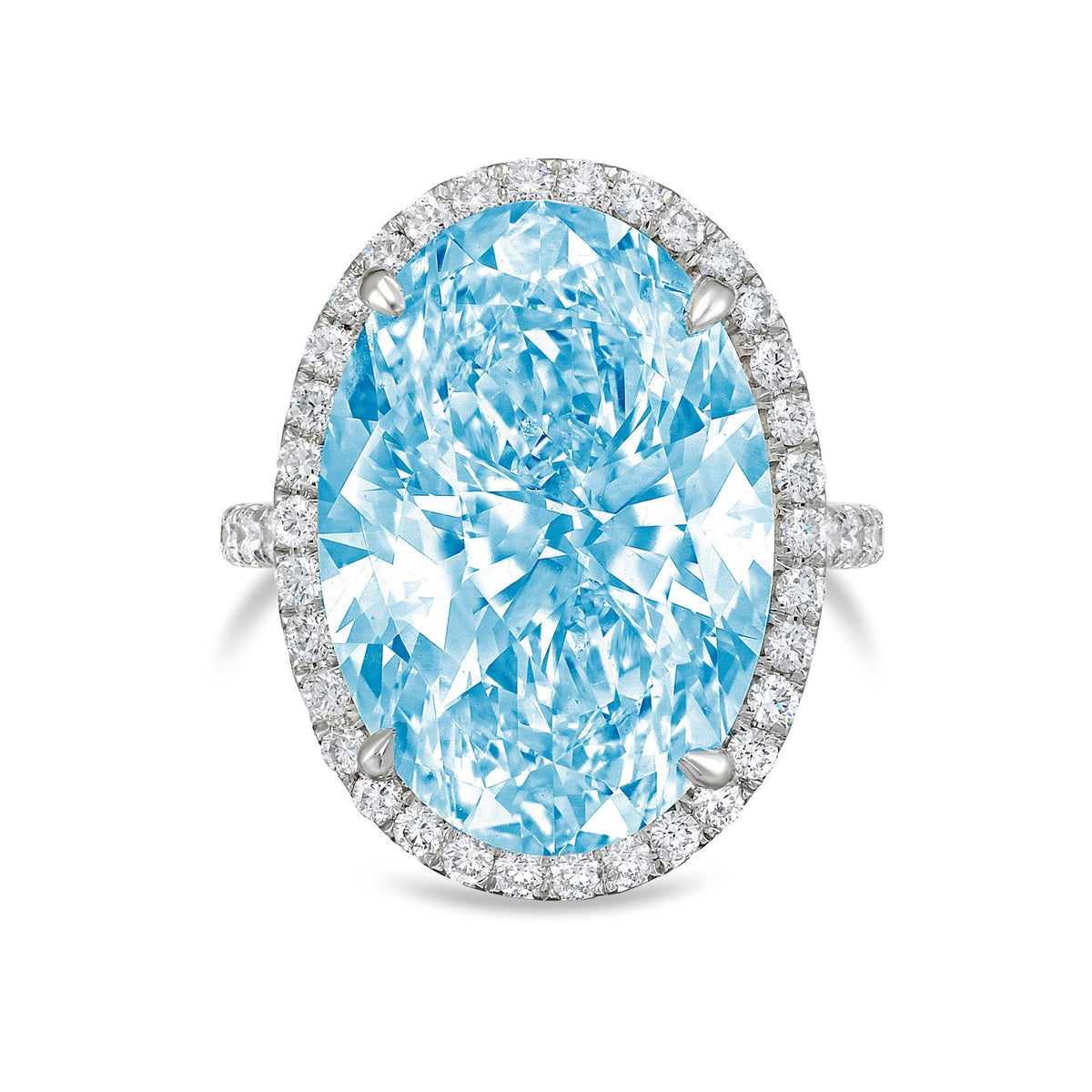 Lab-Grown Blue Oval Diamond Halo Ring with Micropavé Band in 14K White Gold