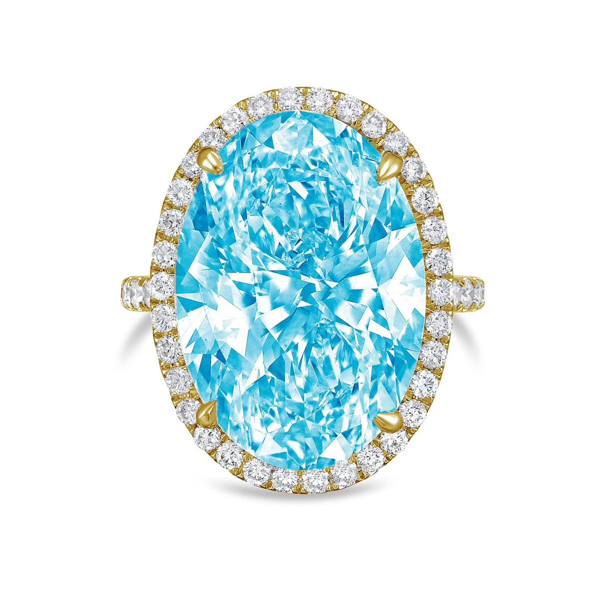 Lab-Grown Blue Oval Diamond Halo Ring with Micropavé Band in 14K Yellow Gold