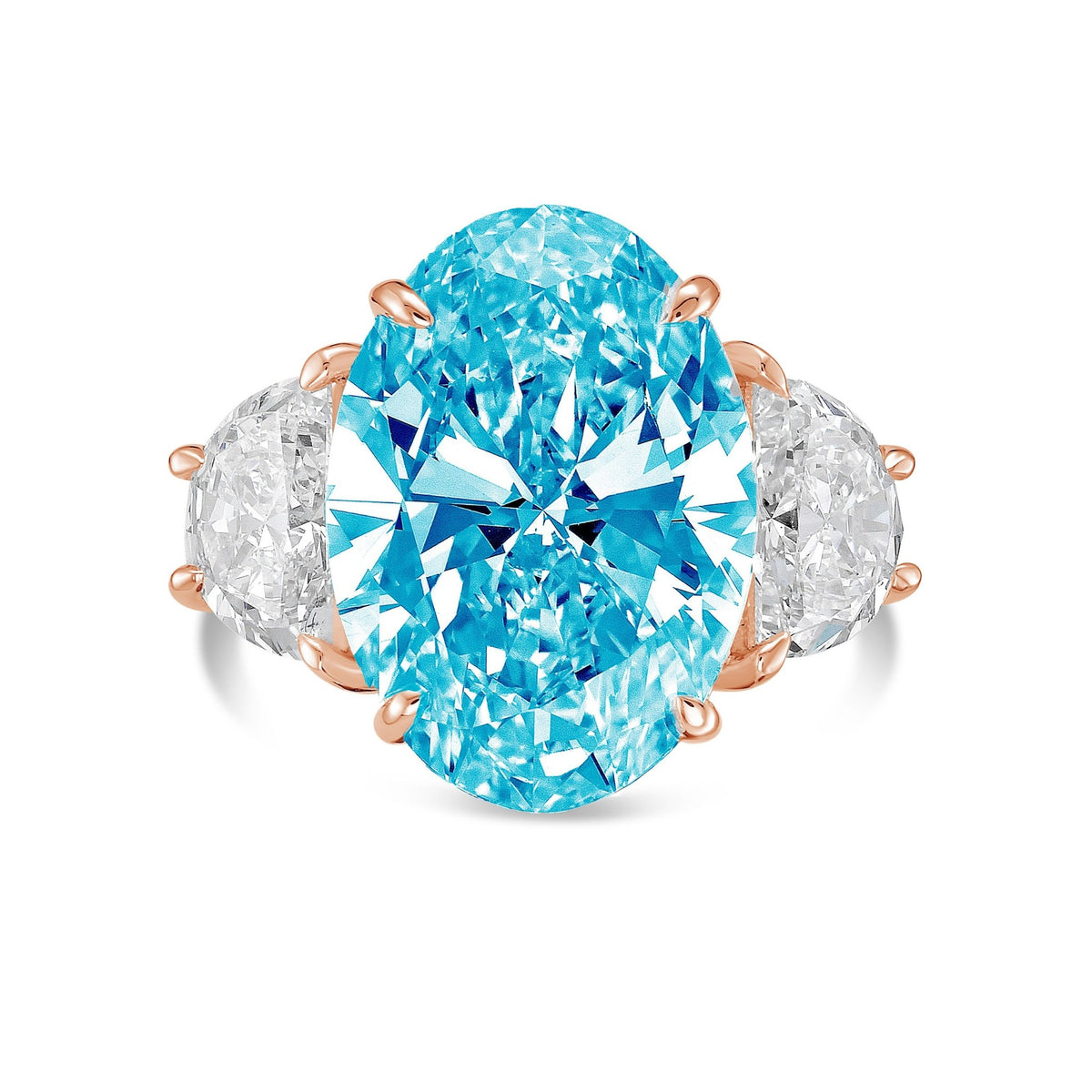Lab-Grown Blue Oval Diamond Ring with Half Moon Sides in 14K Rose Gold