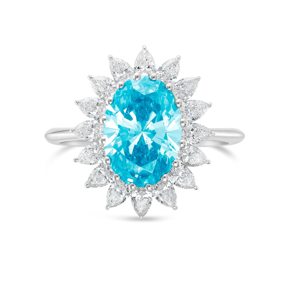 Lab-Grown Blue Oval Diamond Ring with Pear Diamond Halo in 14K White Gold
