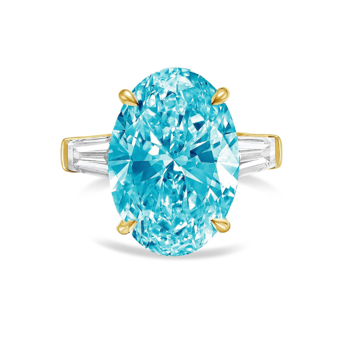 Lab-Grown Blue Oval Diamond Ring with Tapered Baguettes in 14K Yellow Gold