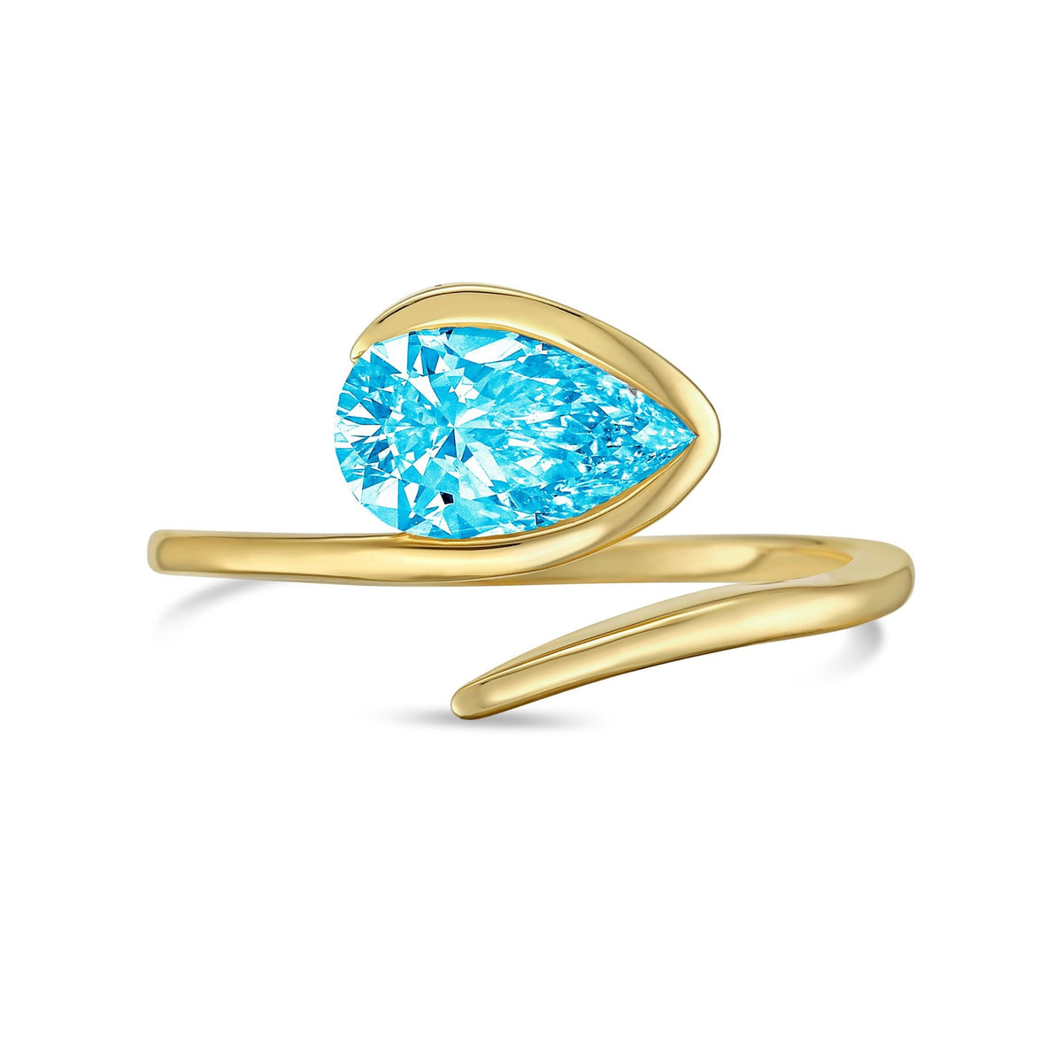 Lab-Grown Blue Pear Diamond Bypass Ring with Open Band in 14K Yellow Gold