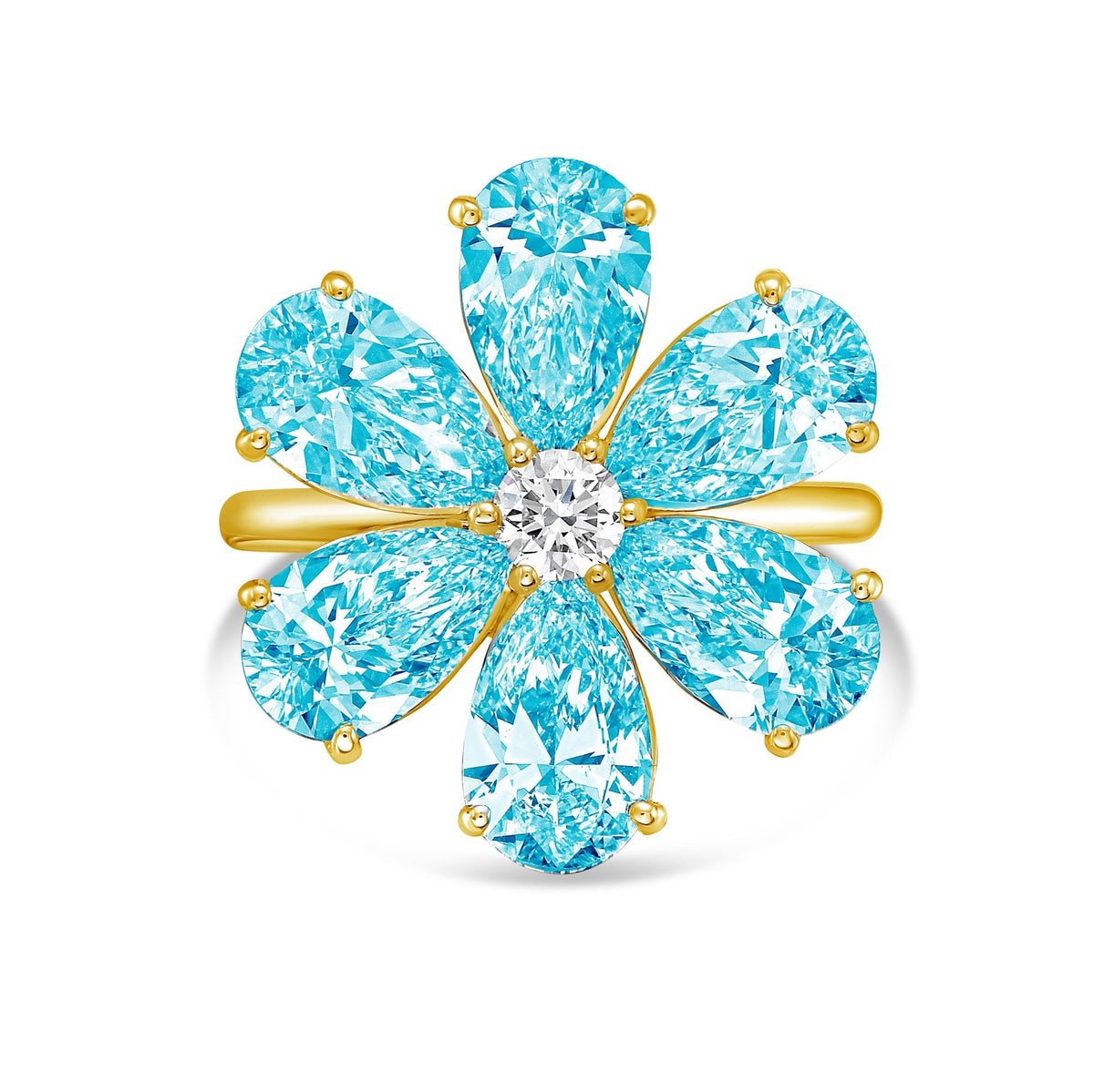 Lab-Grown Blue Pear Diamond Flower Ring in 14K Yellow Gold