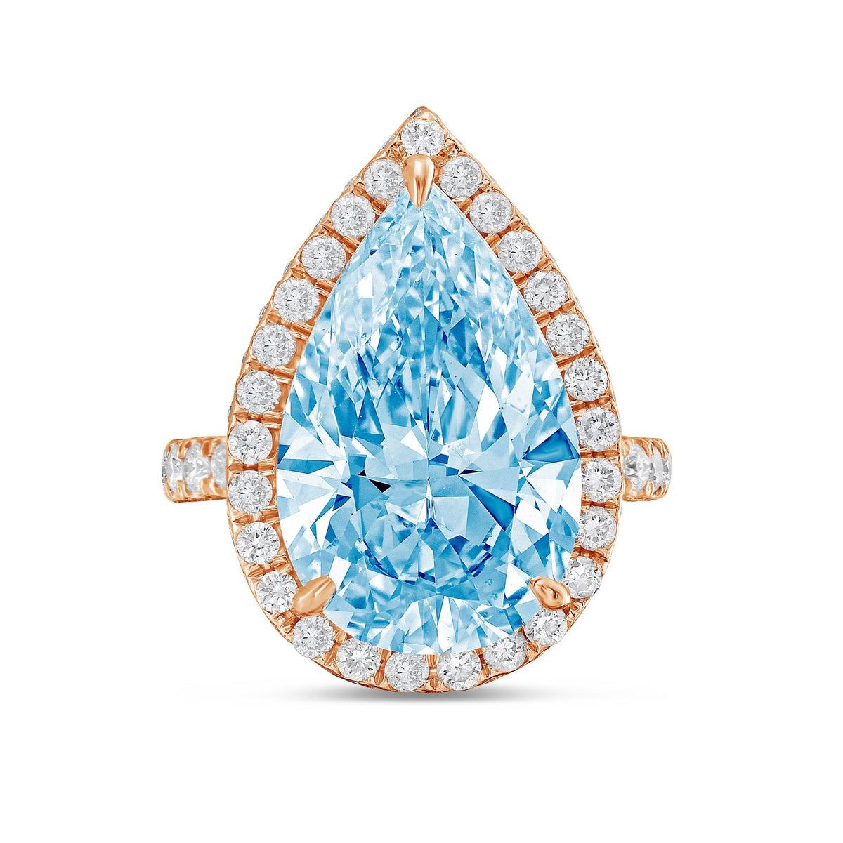 Lab-Grown Blue Pear Diamond Halo Ring with Micropavé Band in 14K Rose Gold