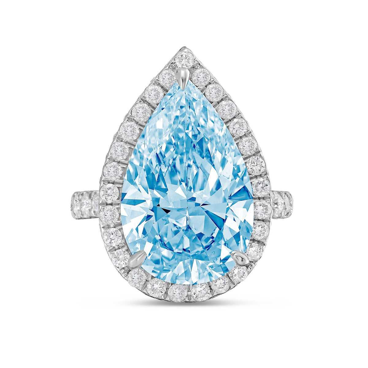 Lab-Grown Blue Pear Diamond Halo Ring with Micropavé Band in 14K White Gold