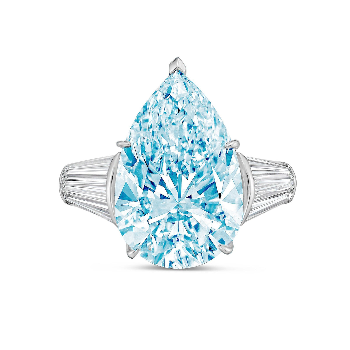 Lab-Grown Blue Pear Diamond Ring with Two Baguettes in 14K White Gold