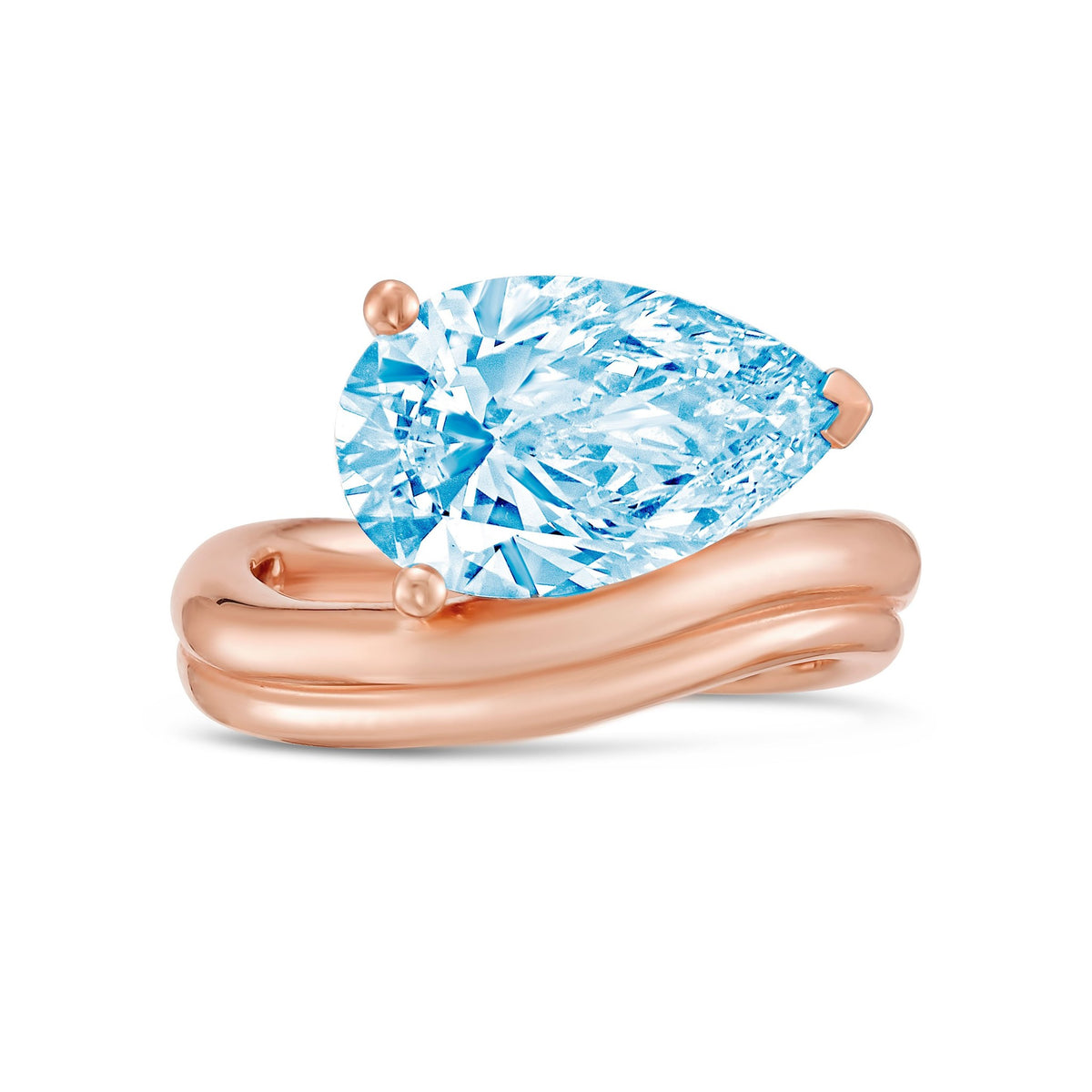 Lab-Grown Blue Pear Diamond Ring with Wavy Band in 14K Rose Gold
