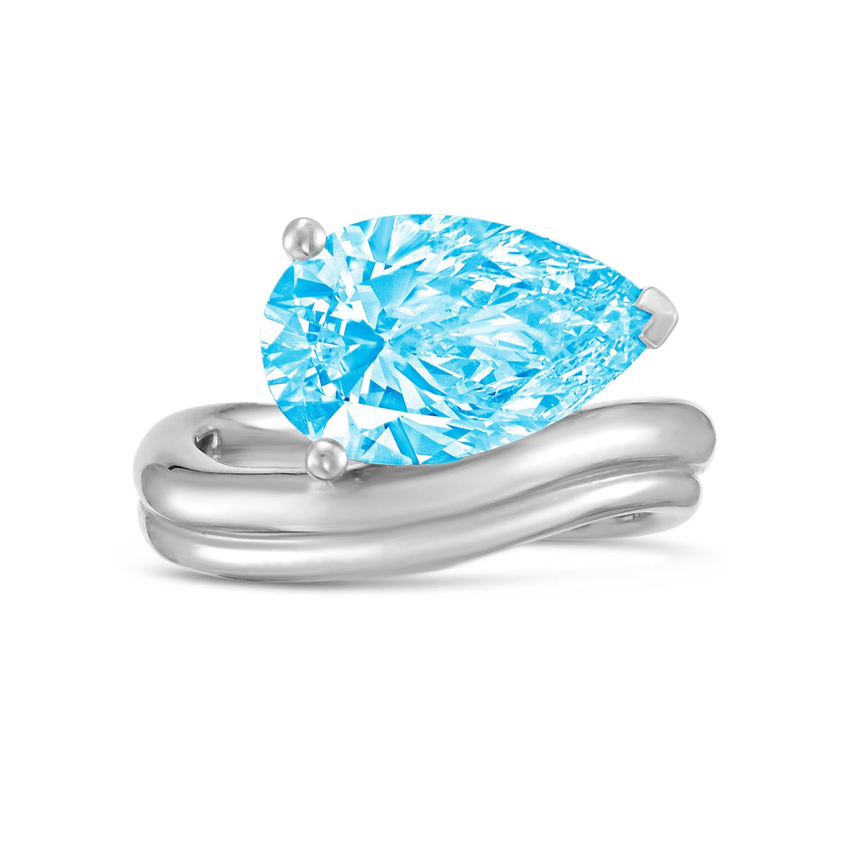 Lab-Grown Blue Pear Diamond Ring with Wavy Band in 14K White Gold