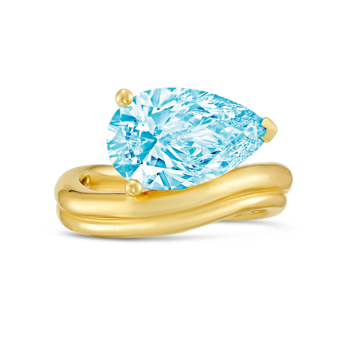 Lab-Grown Blue Pear Diamond Ring with Wavy Band in 14K Yellow Gold