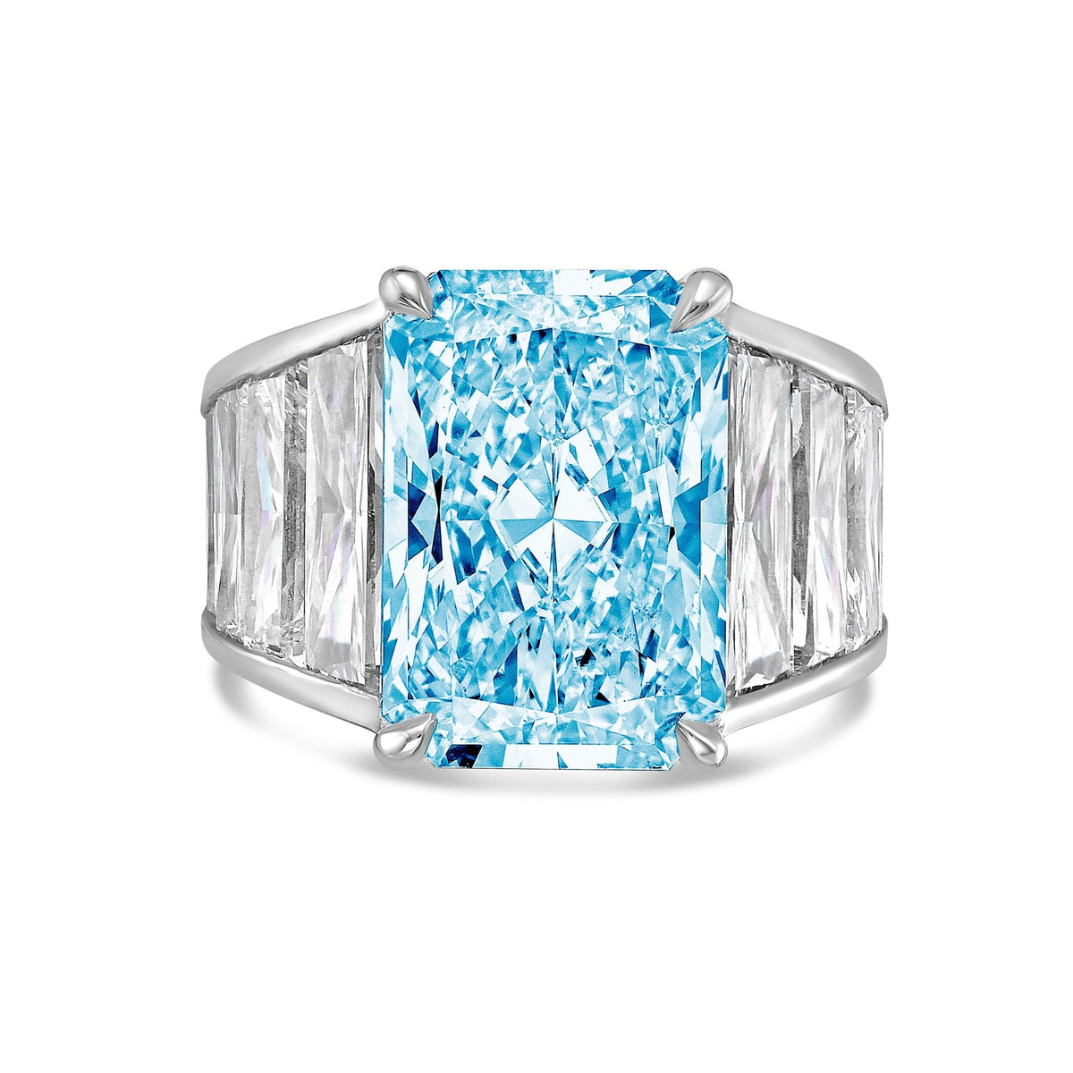 Lab-Grown Blue Radiant Cut Diamond Ring with Tapered Baguettes in 14K White Gold