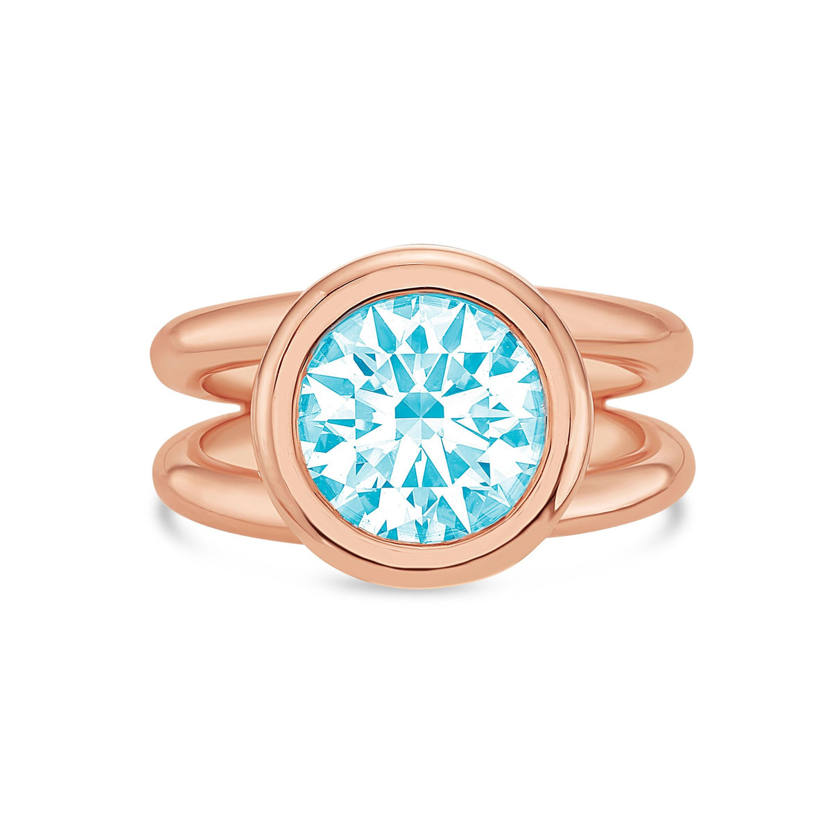 Lab-Grown Blue Round Diamond Bezel Ring with Split Shank in 14K Rose Gold
