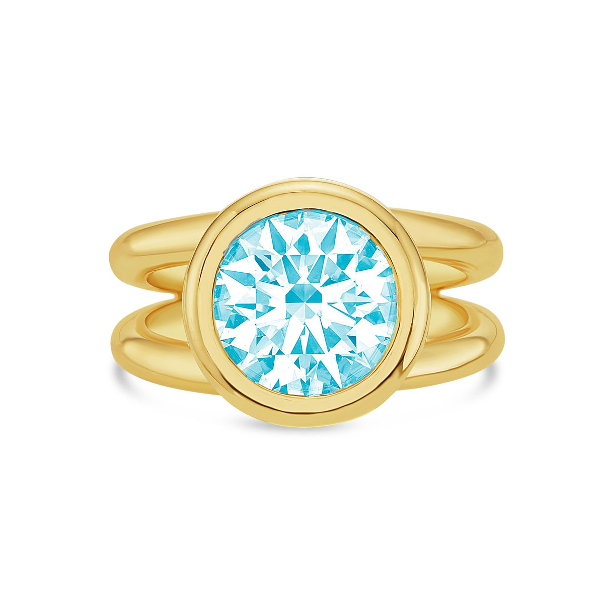 Lab-Grown Blue Round Diamond Bezel Ring with Split Shank in 14K Yellow Gold