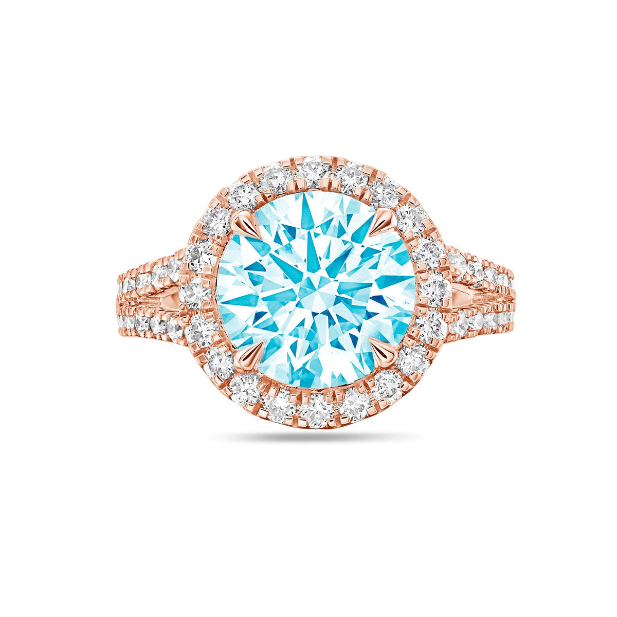 Lab-Grown Blue Round Diamond Halo Split Shank Engagement Ring in 14K Rose Gold