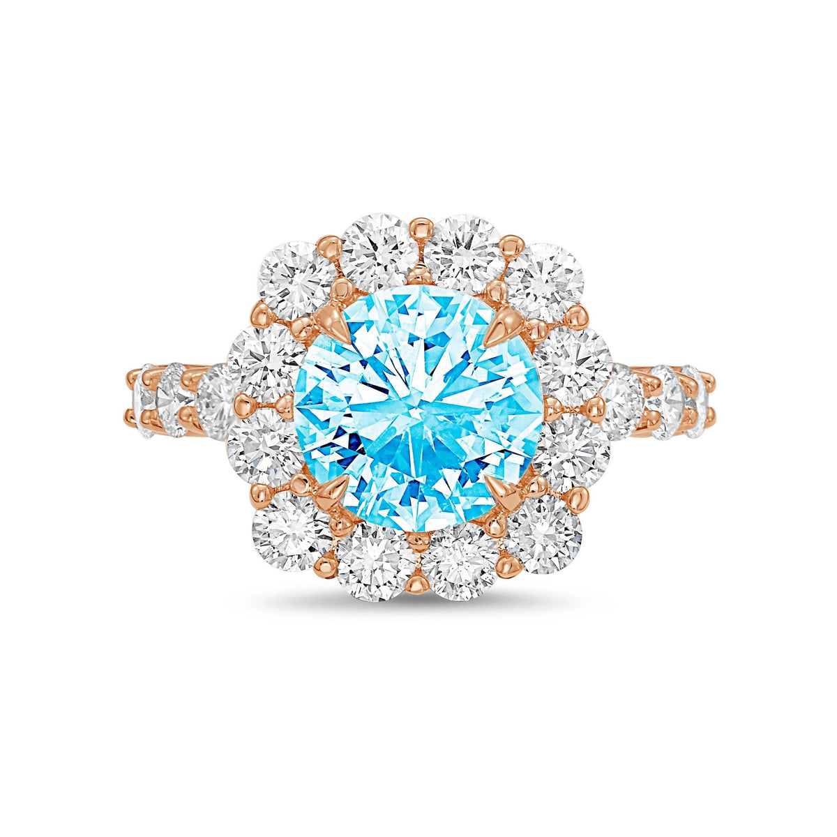 Lab-Grown Blue Round Diamond Ring with Accent Halo and Diamond Band in 14K Rose Gold